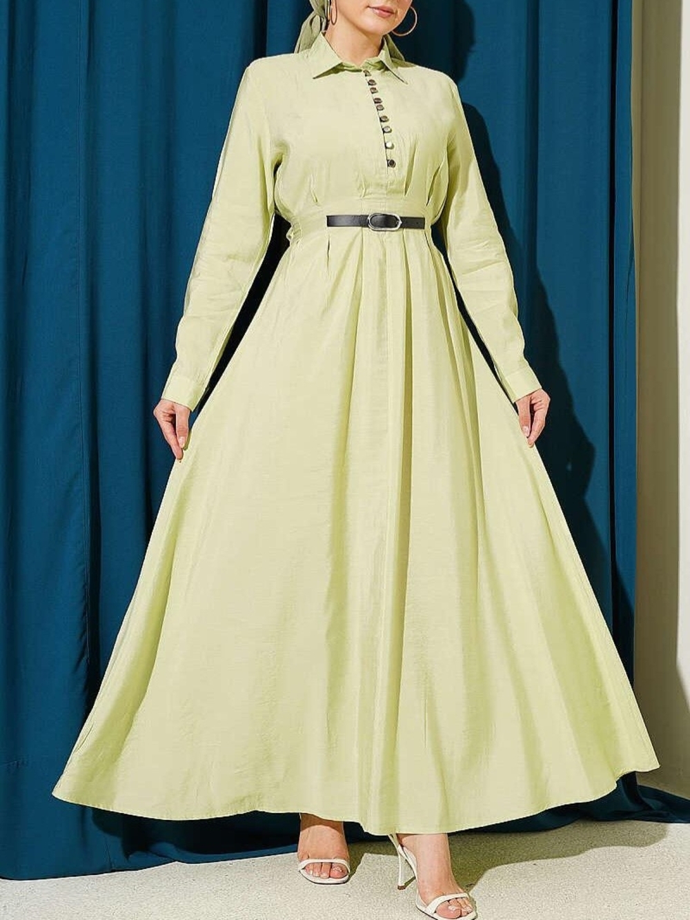 Modest Button-Down Belted Maxi Dress NWOT Pistachio M